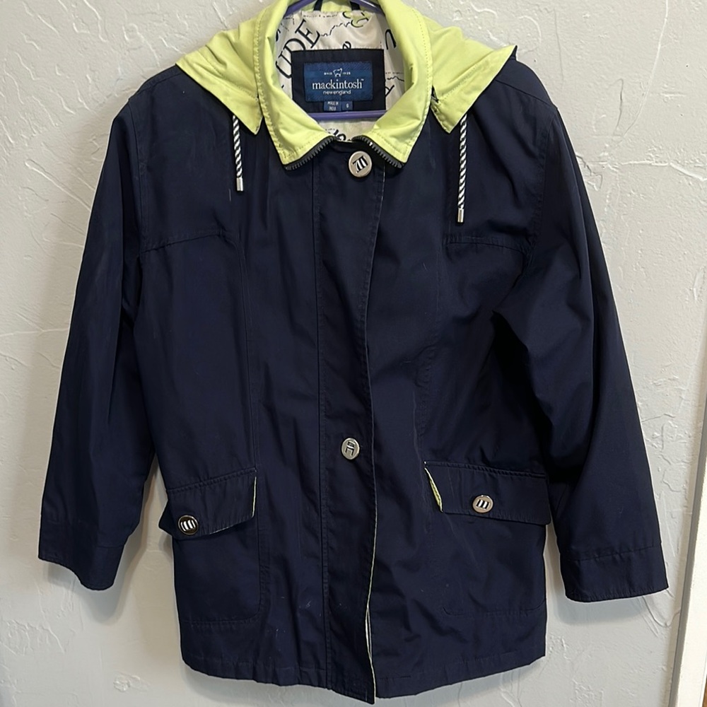 Mackintosh ladies rain overcoat size small. Dark blue/green w/ nautical flair.